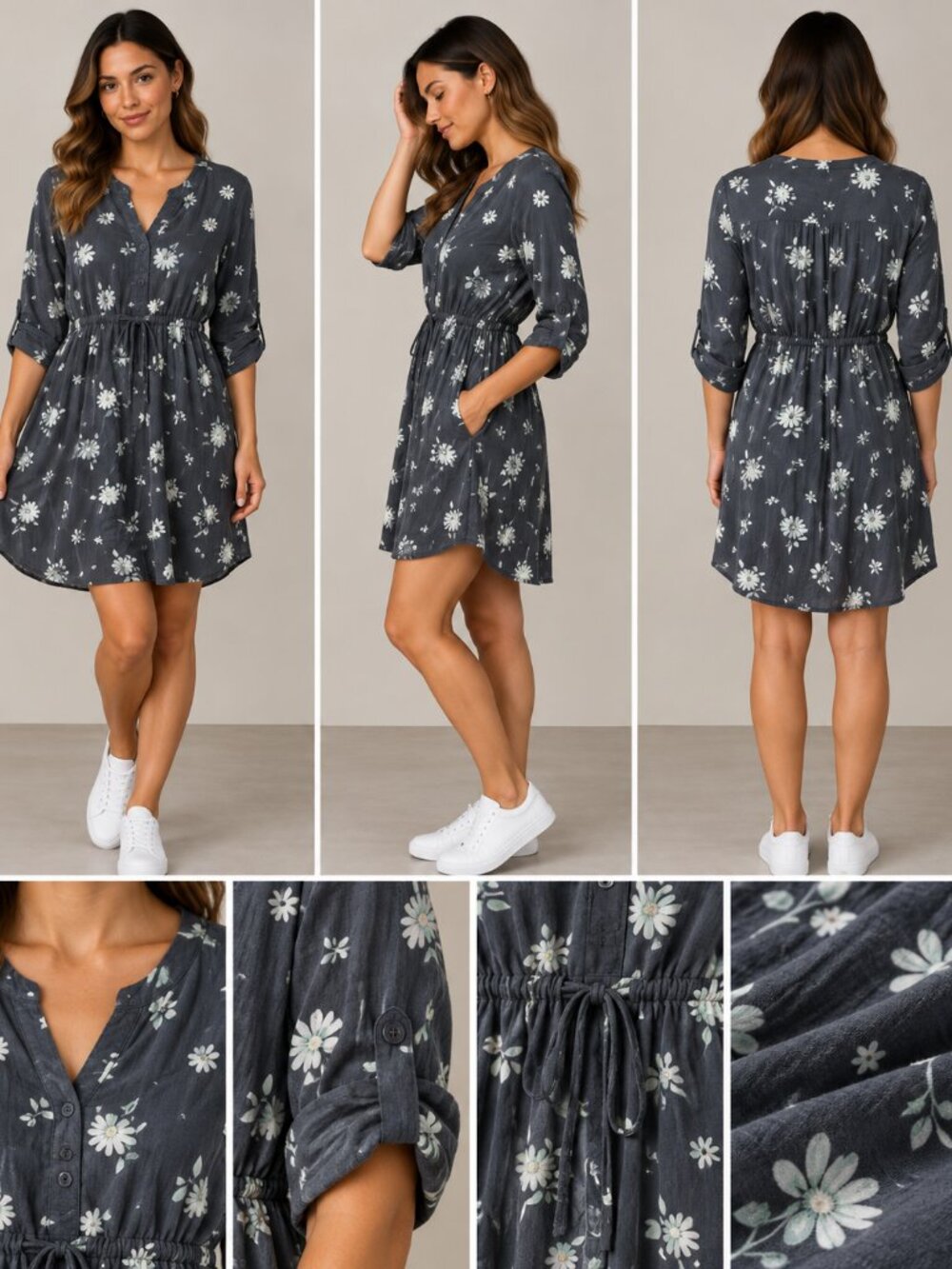 LOFT Blue Floral V-Neck Shift Dress 3/4 Sleeve Pockets M